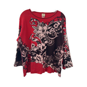 Jess & Jane Women's Multicolor Red Black White 100% Cotton Rhinestone Top Large